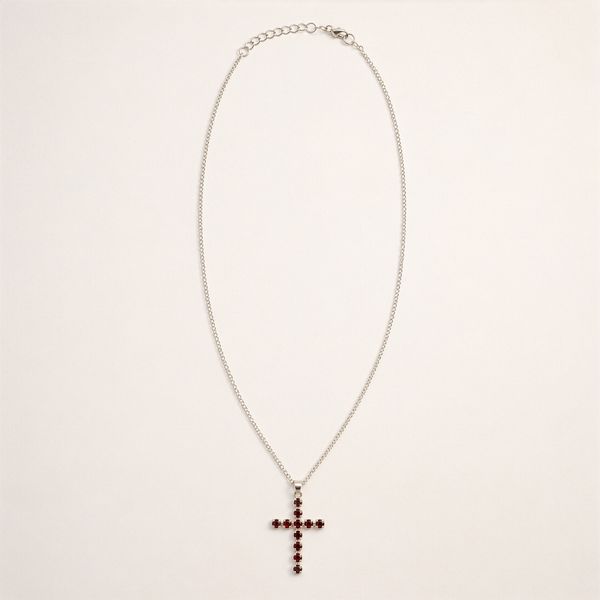 Indian Devotional Pendants - Silver Plated (45cm Chain)- Garnet Crucifix
