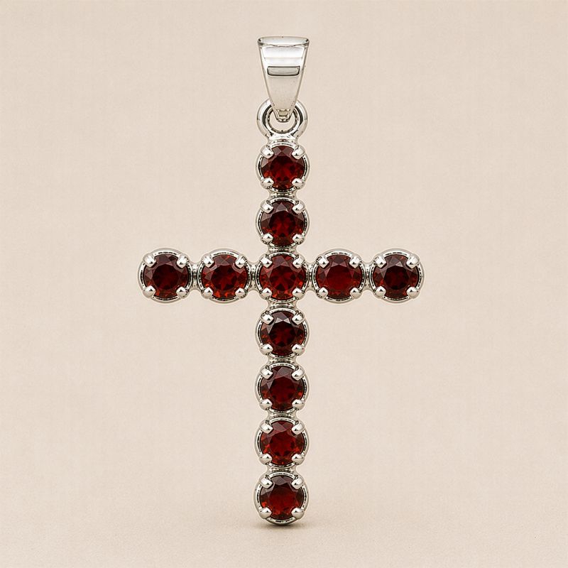 Indian Devotional Pendants - Silver Plated (45cm Chain)- Garnet Crucifix