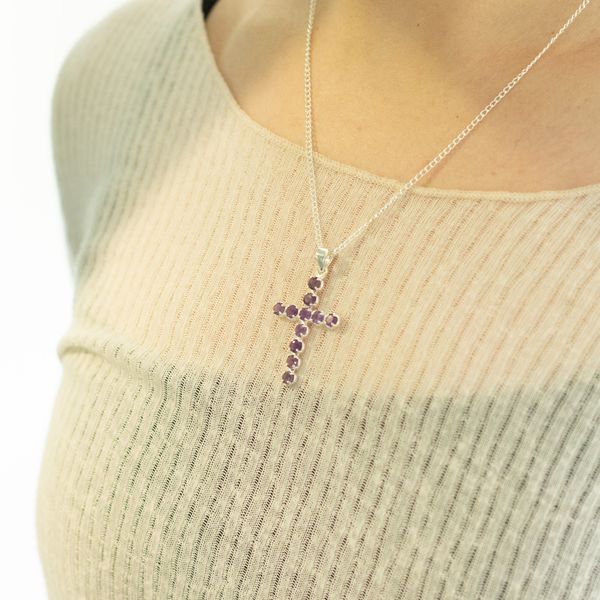 Indian Devotional Pendants - Silver Plated (45cm Chain)- Amethyst Crucifix