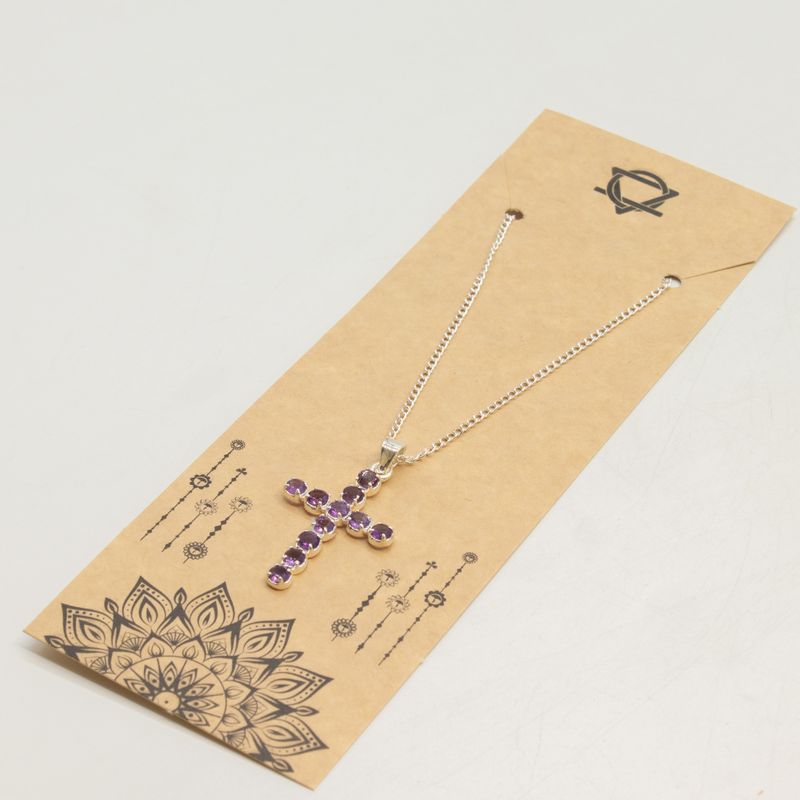 Indian Devotional Pendants - Silver Plated (45cm Chain)- Amethyst Crucifix