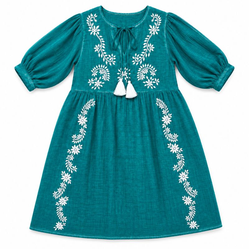 (M-L) Nomad Sari On the Med Collection - Dress - Turquoise with Embroidery & Tassle