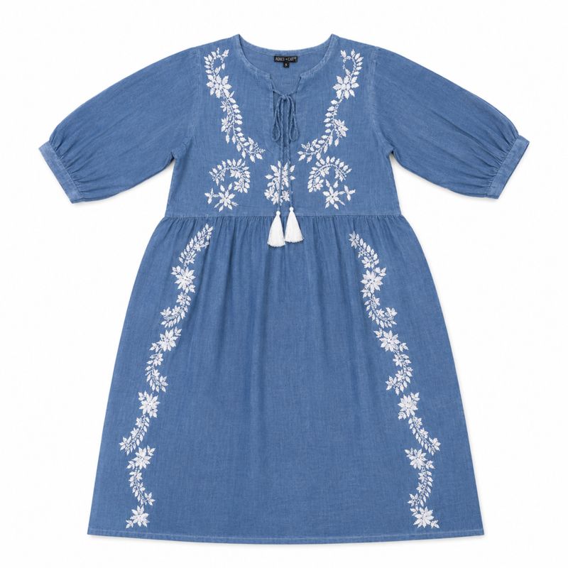 (M-L) Nomad Sari On the Med Collection - Dress - Dusky Blue with Embroidery & Tassle