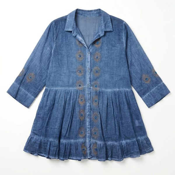 (M-L) Nomad Sari On the Med Collection -Tunic Dress - Dusky Blue with Evil Eye Block Print
