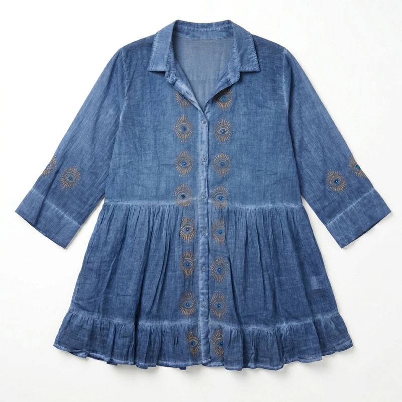 (M-L) Nomad Sari On the Med Collection -Tunic Dress - Dusky Blue with Evil Eye Block Print