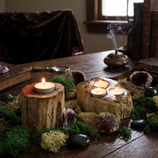 Stone candle holders in petrified wood