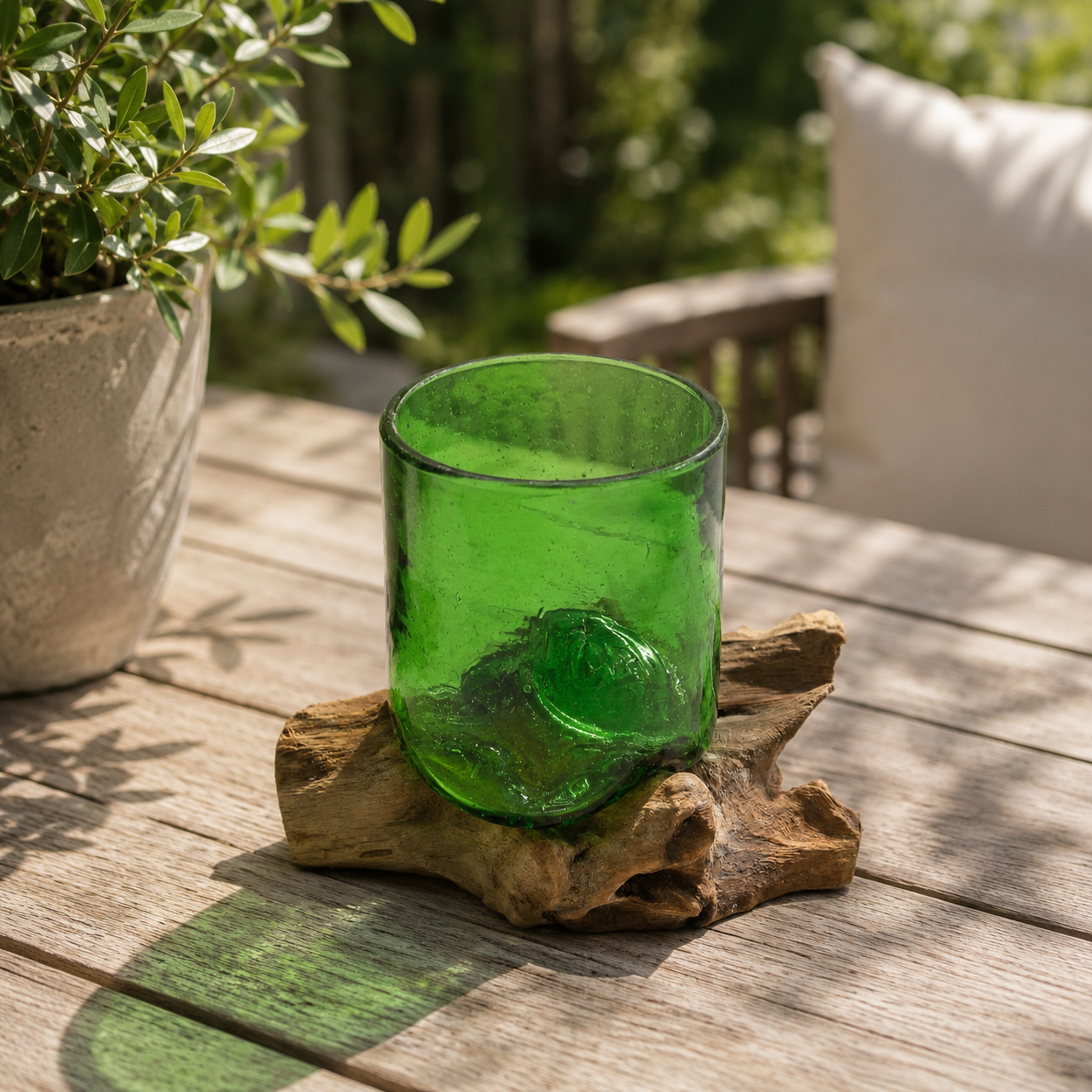 Recycled glass blown on wood