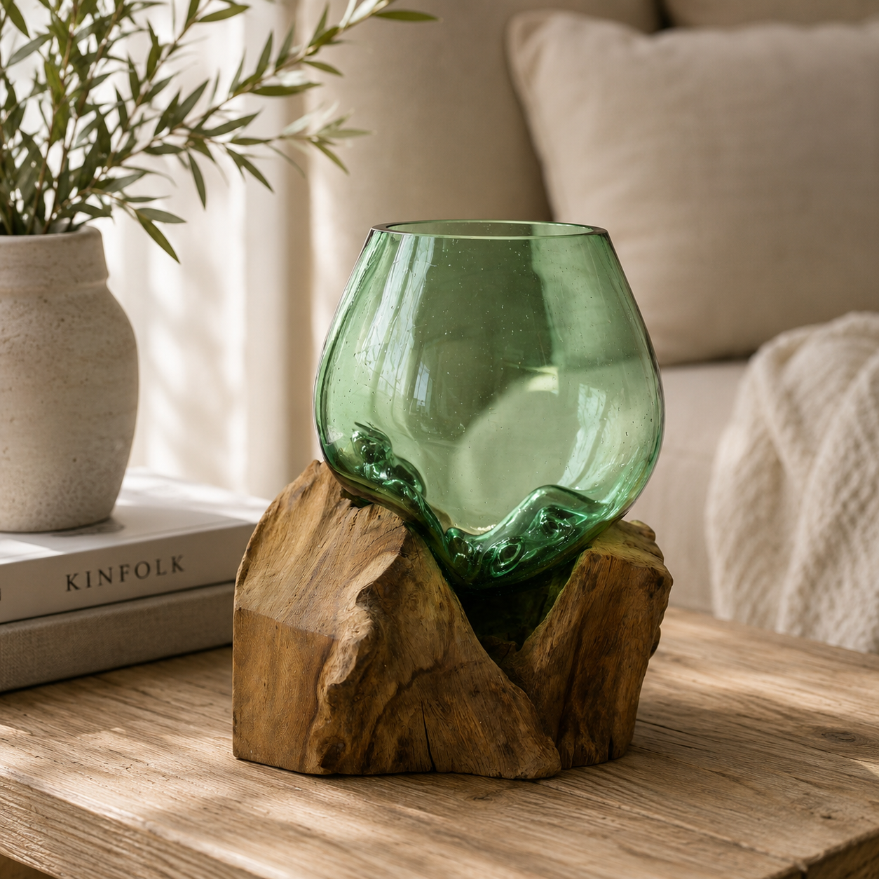 Recycled glass blown on wood