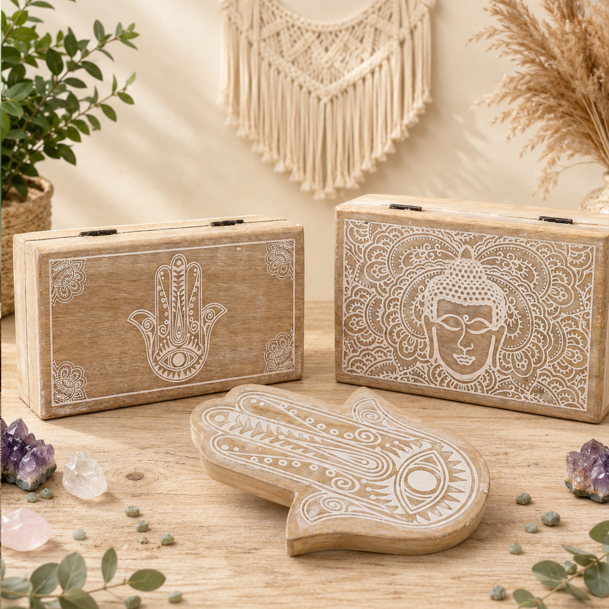 Wooden Boxes and Trays with Buddha & Hamsa Design
