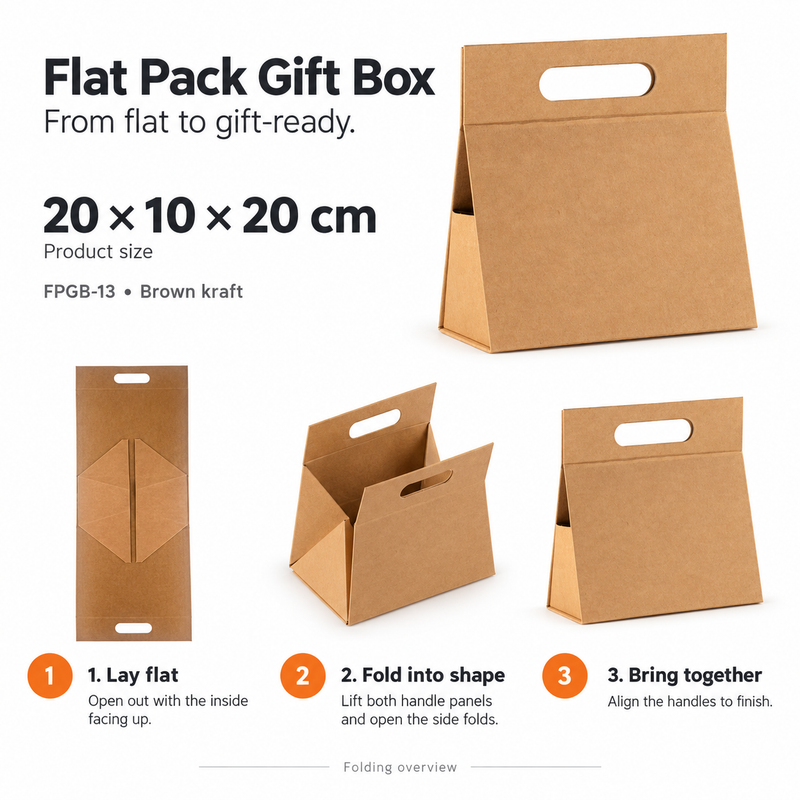 Flat Pack Gift Box - Lrg Hand Box  (28x12.5x26cm) - Brown Craft