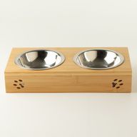 PAW Food Bowls - Double Stainless Steel (201) in Wooden Stand - 2x12cm