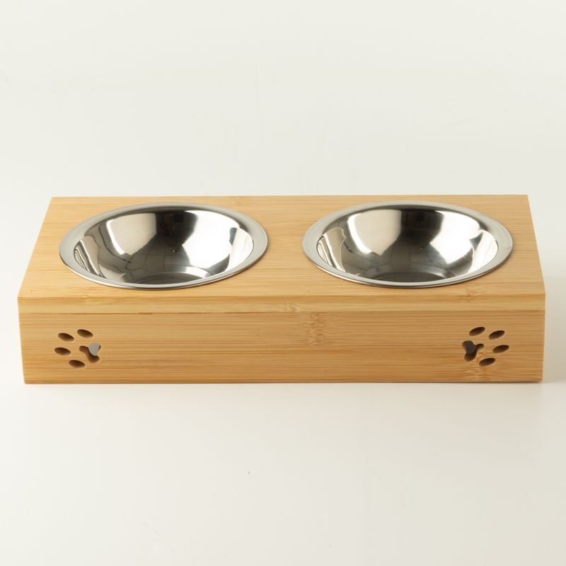 PAW Food Bowls - Double Stainless Steel (201) in Wooden Stand - 2x12cm