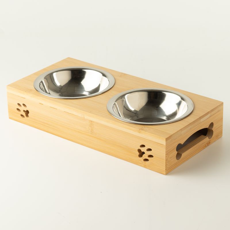 PAW Food Bowls - Double Stainless Steel (201) in Wooden Stand - 2x12cm