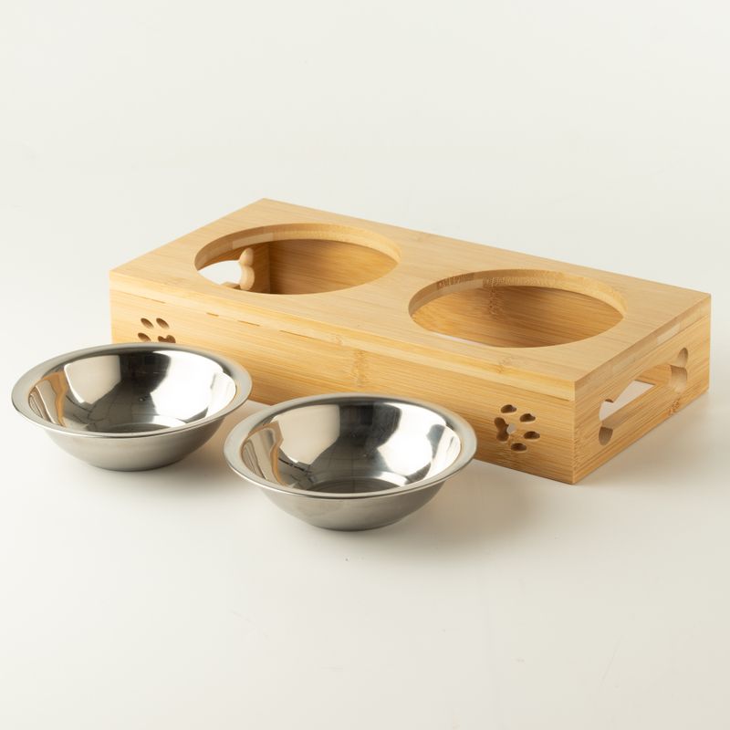 PAW Food Bowls - Double Stainless Steel (201) in Wooden Stand - 2x12cm