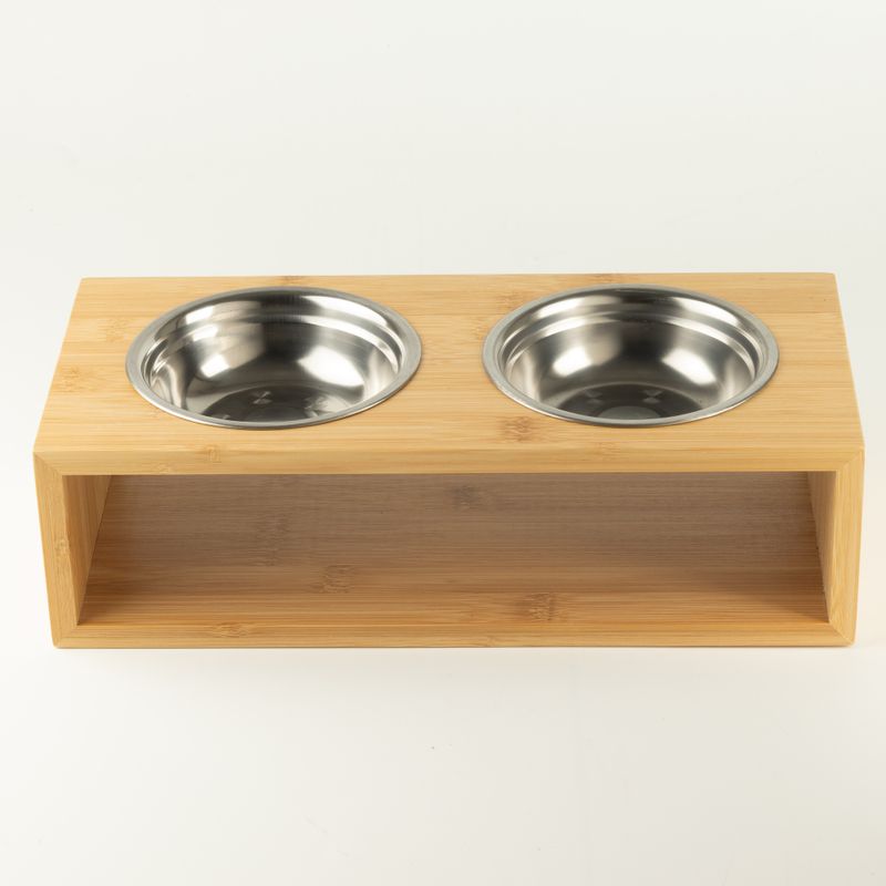 PAW Food Bowls - Lrg Double Stainless Steel (201) in Wooden Stand - 2x13cm