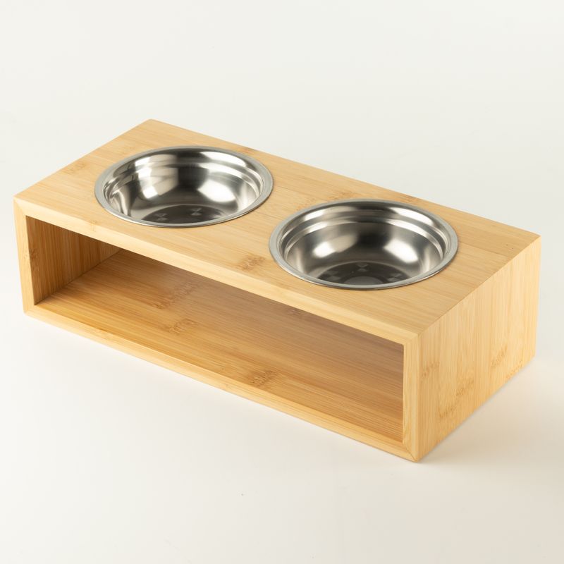 PAW Food Bowls - Lrg Double Stainless Steel (201) in Wooden Stand - 2x13cm