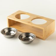 PAW Food Bowls - Lrg Double Stainless Steel (201) in Wooden Stand - 2x13cm