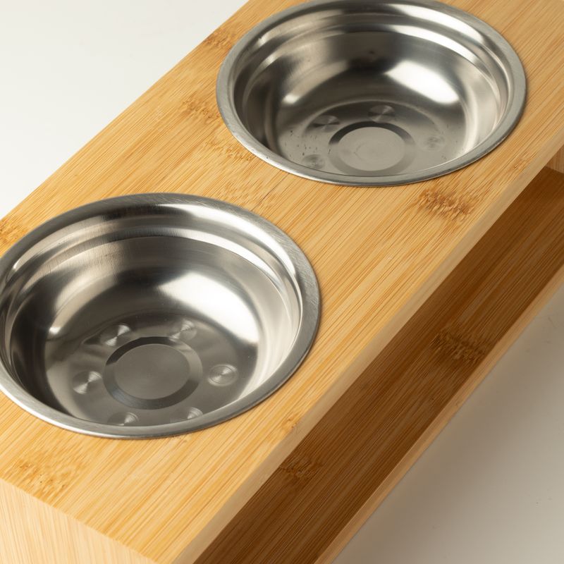 PAW Food Bowls - Lrg Double Stainless Steel (201) in Wooden Stand - 2x13cm