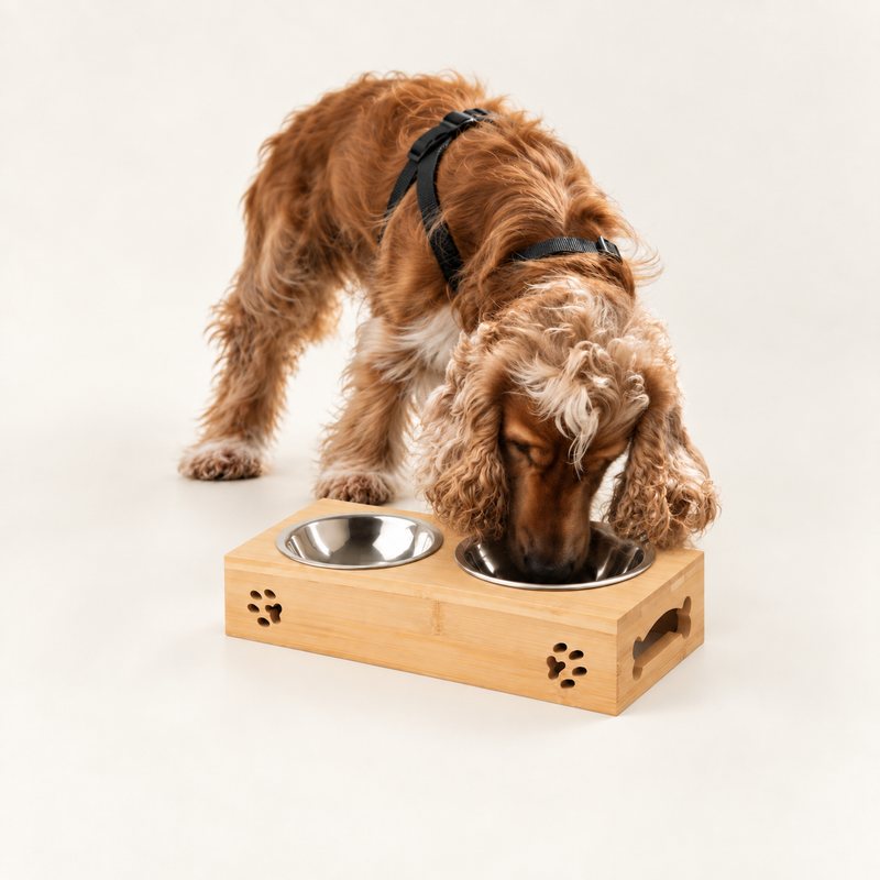 PAW Food Bowls - Double Stainless Steel (201) in Wooden Stand - 2x12cm