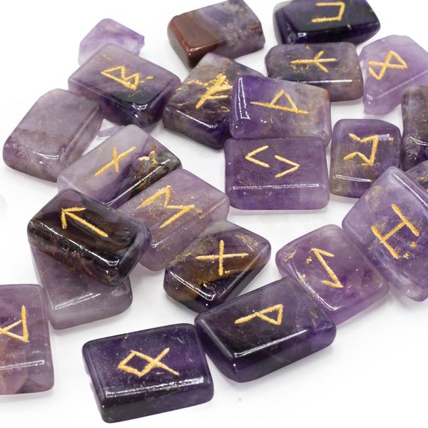 Flat Runes Stone Set in Pouch - Amethyst