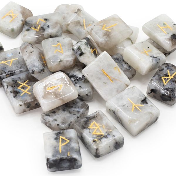 Flat Runes Stone Set in Pouch - Rainbow MoonStone