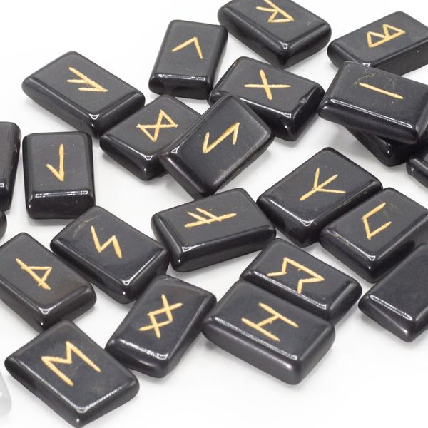 Flat Runes Stone Set in Pouch - Black Agate