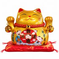 Ceramic Money Cat Bank - Gold on Cushion