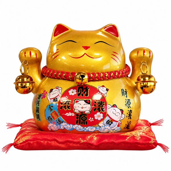 Ceramic Money Cat Bank - Gold on Cushion