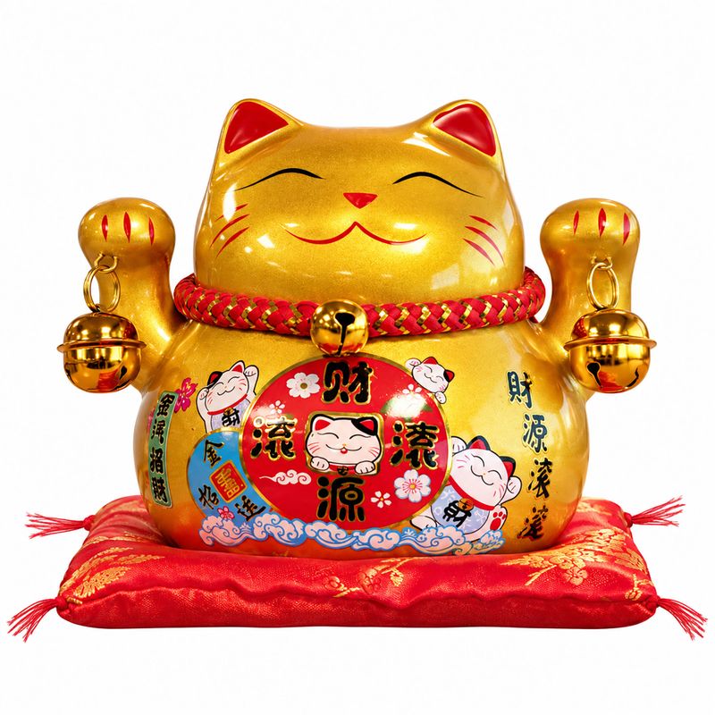 Ceramic Money Cat Bank - Gold on Cushion