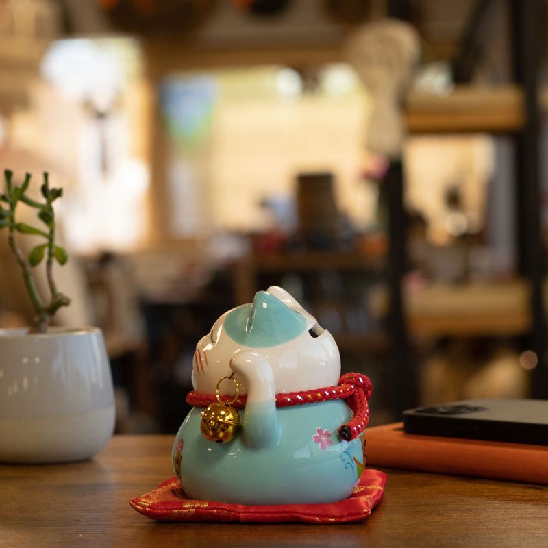 Ceramic Money Cat Bank - Blue on Cushion