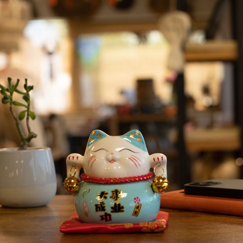 Ceramic Money Cat Bank - Blue on Cushion
