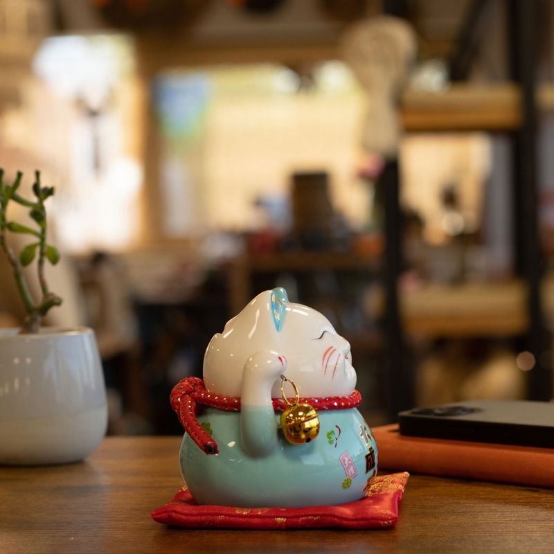 Ceramic Money Cat Bank - Blue on Cushion