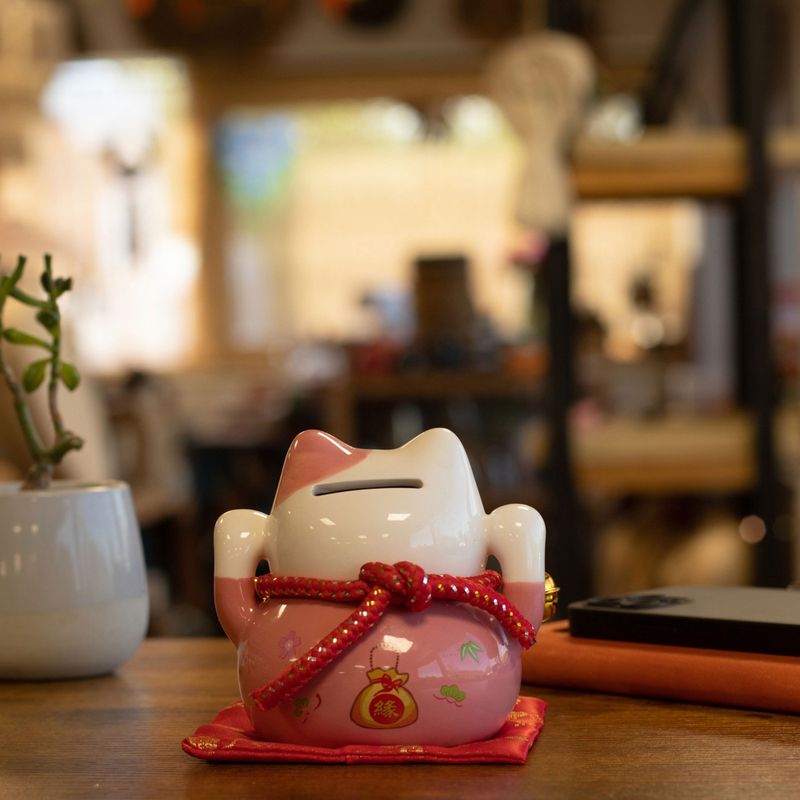Ceramic Money Cat Bank - Pink on Cushion