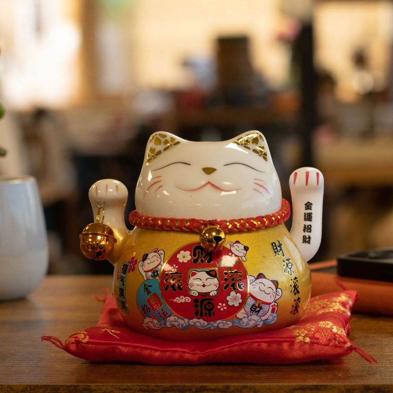 Ceramic Money Cat Moving Hand - Gold on Cushion (battery not included)