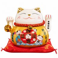 Ceramic Money Cat Moving Hand - Gold on Cushion (battery not included)