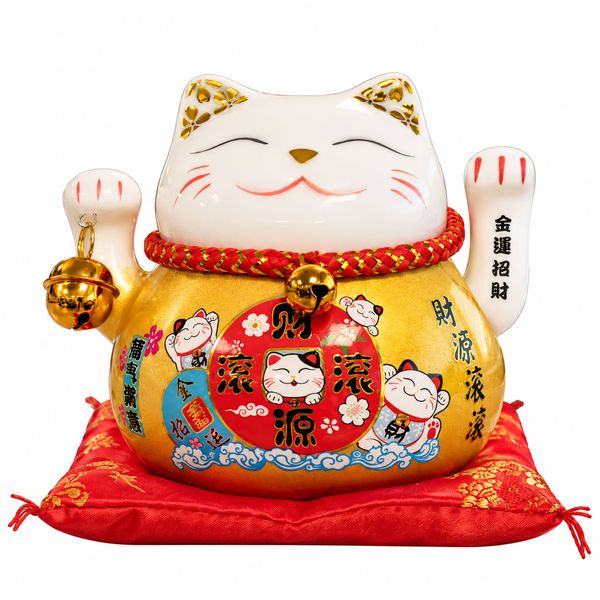 Ceramic Money Cat Moving Hand - Gold on Cushion (battery not included)