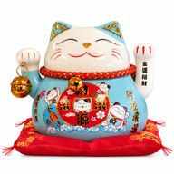 Ceramic Money Cat Moving Hand  - Blue on Cushion (battery not included)