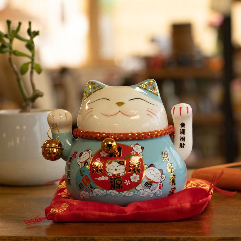 Ceramic Money Cat Moving Hand  - Blue on Cushion (battery not included)