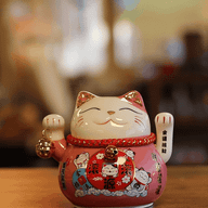 Ceramic Money Cat Moving Hand - Pink on Cushion (battery not included)