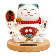 Solar Money Cat Wooden Base  - Blue moving Hand
