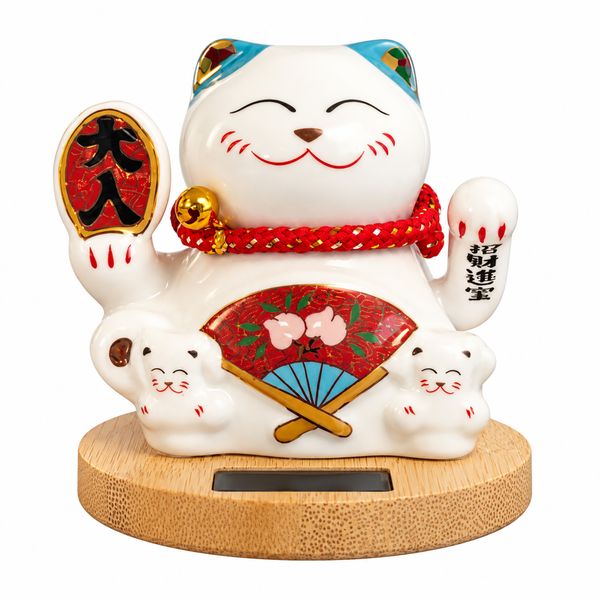 Solar Money Cat Wooden Base - Blue Moving Hand