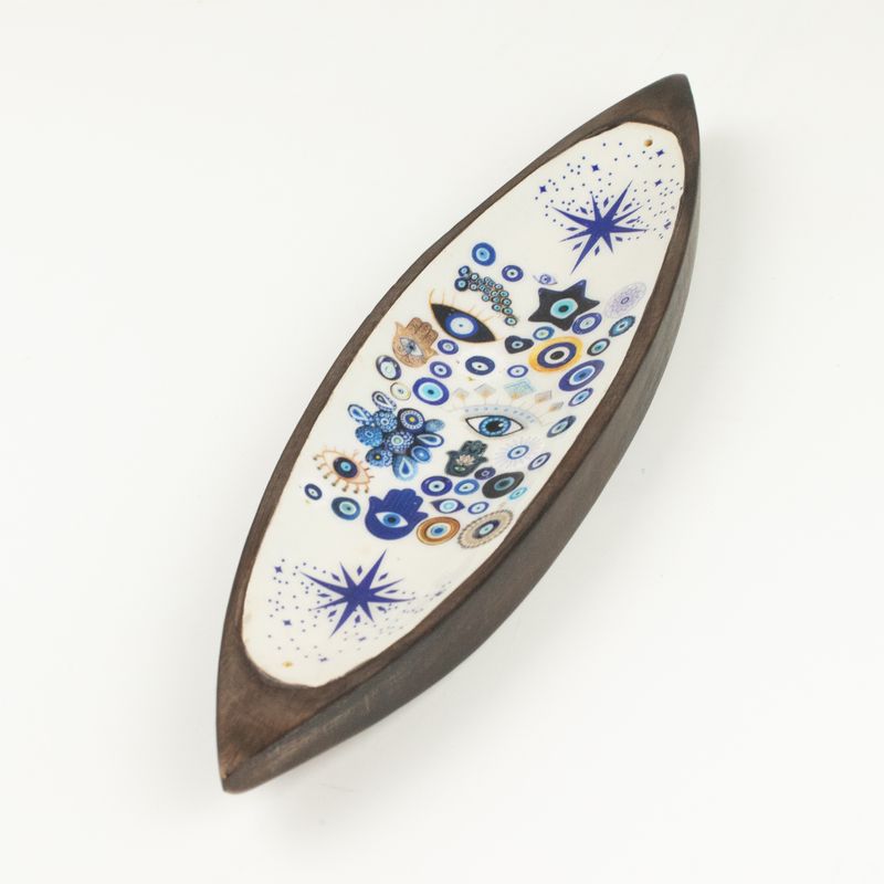 Enamel Incense Bowl - Mango Wood - Evil Eye