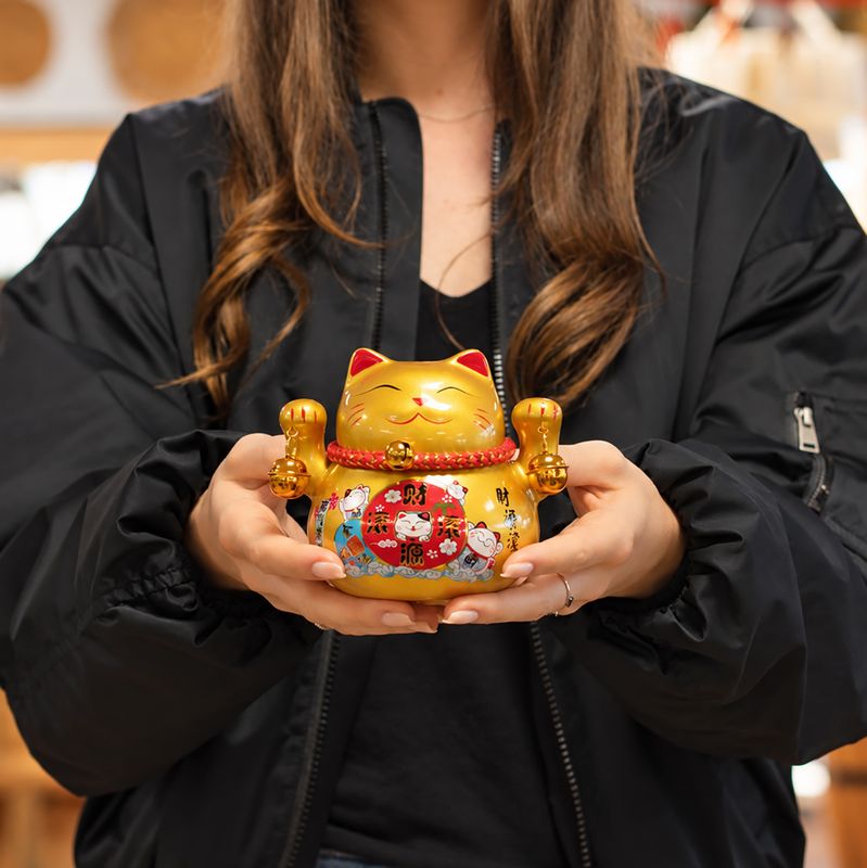 Ceramic Money Cat Bank - Gold on Cushion