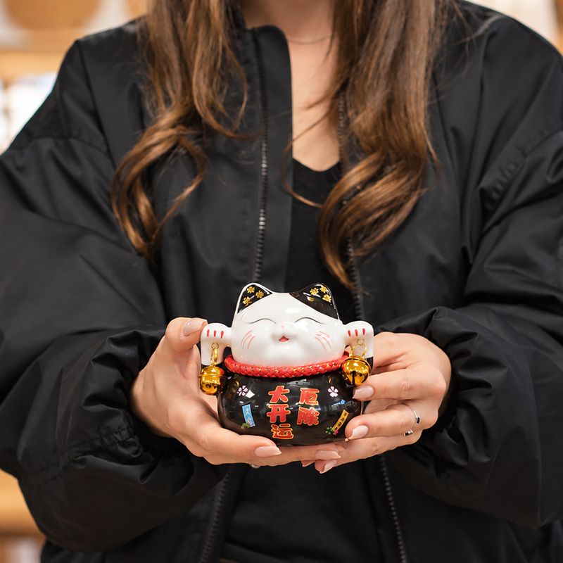 Ceramic Money Cat Bank - Black on Cushion