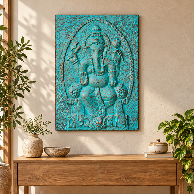 Large Ganpati Frame Turquoise Relief - 0.7x1m