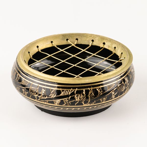 Brass Carved Charcoal Incense Jar with Coaster