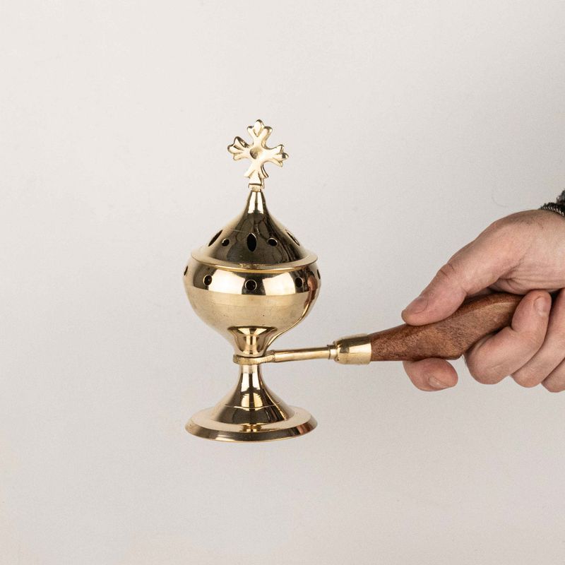 Censer Incense Burner with Wooden Handle - Cross