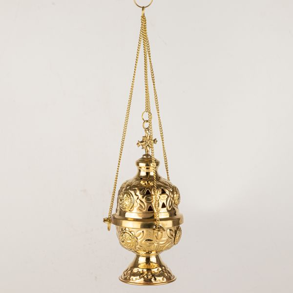 Hanging Brass Incense Burner - Threaded Chain - 16.5x6.5cm (Fine Brass)