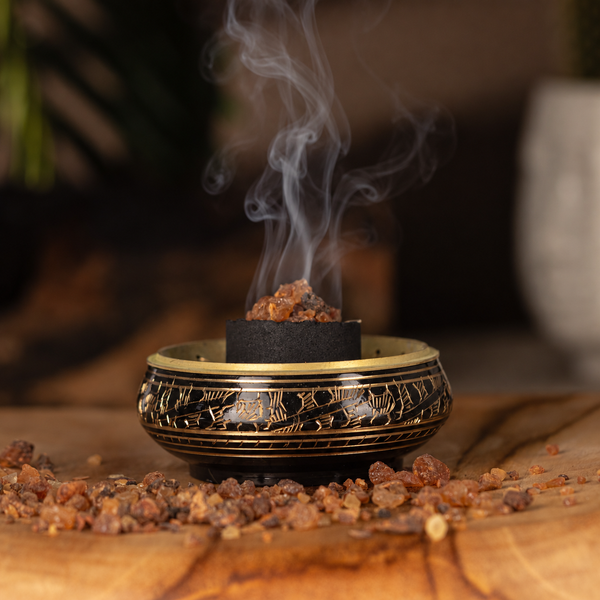 Brass Carved Charcoal Incense Jar with Coaster