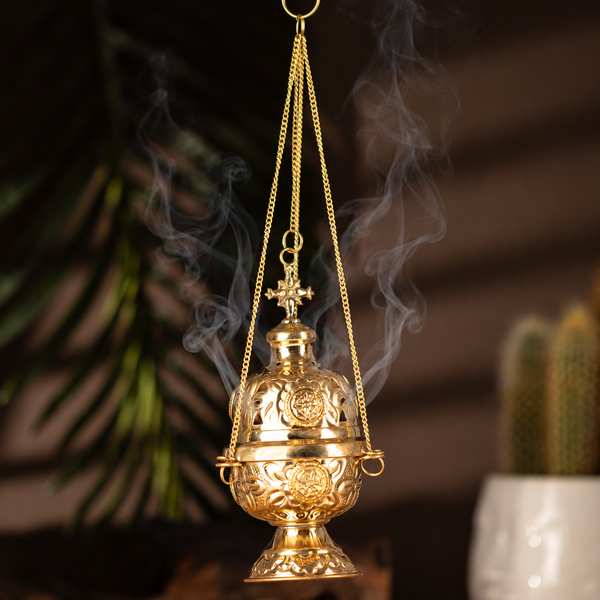 Hanging Brass Incense Burner - Threaded Chain - 16.5x6.5cm (Fine Brass)
