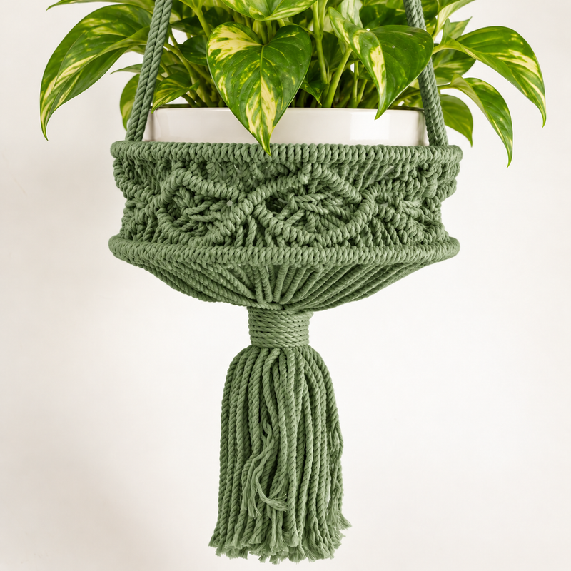 Lrg Macrame Pot Holder  - Green